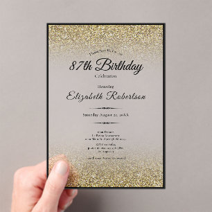 Elegante schwarze und goldene Glitter 87. Geburtst Acryleinladungen