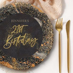Elegante schwarze und goldene Glitter-Party zum 21 Pappteller