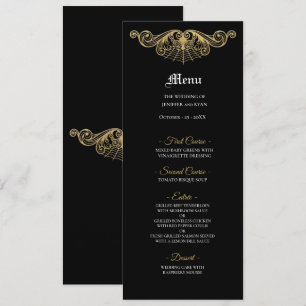 Elegante schwarze und goldene gotische Hochzeitsme Menükarte