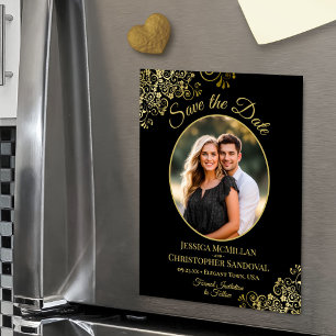 Elegante schwarze und goldene Hochzeit - Foto zur Magneteinladung