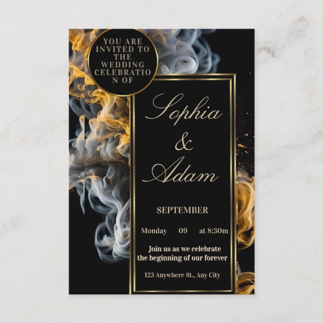 Elegante schwarze und goldene Hochzeitseinladung Begleitkarte (Vorderseite)