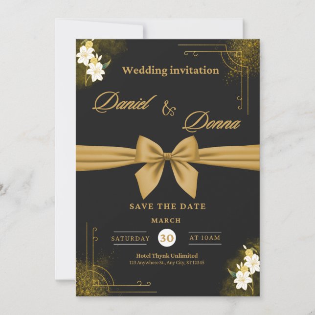 Elegante schwarze und goldene Hochzeitseinladung | Einladung (Vorderseite)