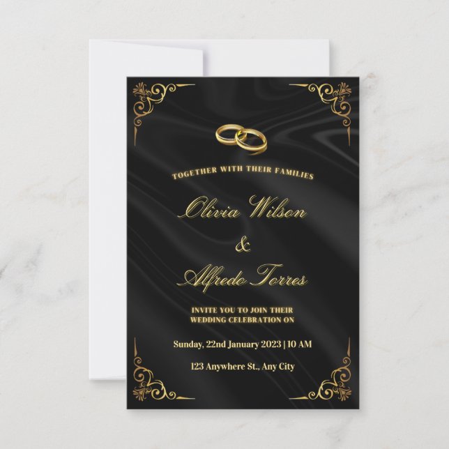 Elegante schwarze und goldene Hochzeitseinladung RSVP Karte (Vorderseite)