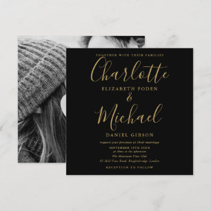 Elegante schwarze und goldene Hochzeitsfotografie Einladung