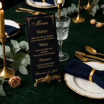 Elegante schwarze und goldene Hochzeitsmenükarte