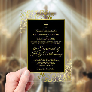 Elegante schwarze und goldene kunstvolle katholisc acryleinladungen