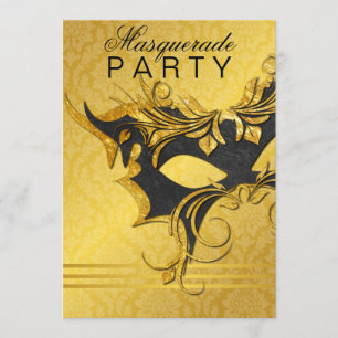 Elegante schwarze und goldene Maskenparty-Einladun Einladung