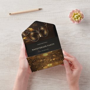 Elegante schwarze und goldene Maskerade mit verbin All In One Einladung