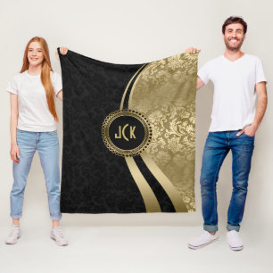 Elegante schwarze und goldene metallische Damasken Fleecedecke