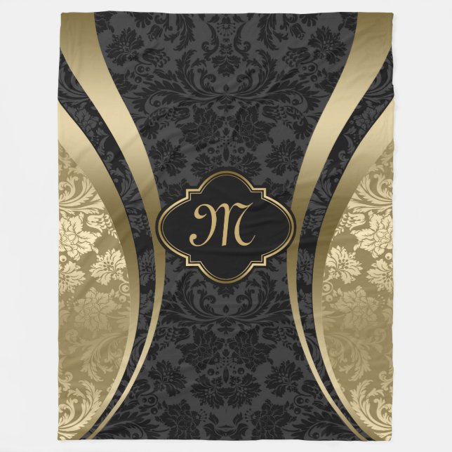 Elegante schwarze und goldene metallische Damasken Fleecedecke (Vorderseite)