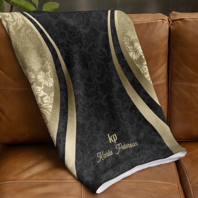 Elegante schwarze und goldene metallische Damasken Fleecedecke (Von Creator hochgeladen)