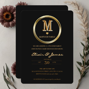 Elegante schwarze und goldene Monogramm-Familien-B Einladung