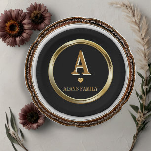 Elegante schwarze und goldene Monogramm-Familien-B Pappteller