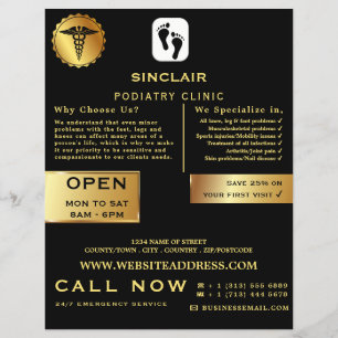Elegante schwarze und goldene Podologie-Fußabdrück Flyer