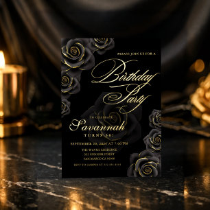 Elegante schwarze und goldene Rosen-Geburtstags-Ei Folieneinladung