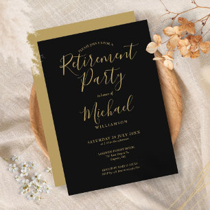 Elegante schwarze und goldene Schrift-Ruhestandsfe Einladung