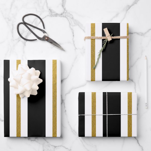 Elegante schwarze und goldene Streifen Geschenkpapier Set (Vorderseite)