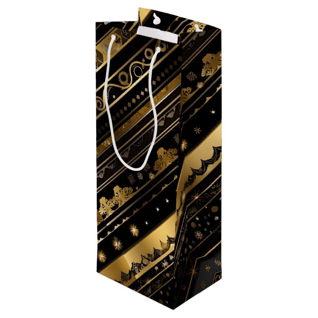 Elegante schwarze und goldene Streifen Geschenktüte Für Weinflaschen (Rückseite Schrägansicht)
