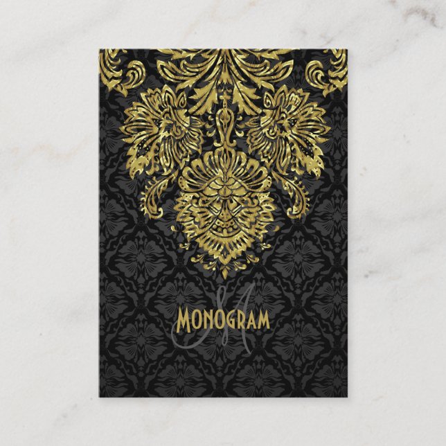 Elegante schwarze und goldene Töne florale Damasku Visitenkarte (Vorderseite)