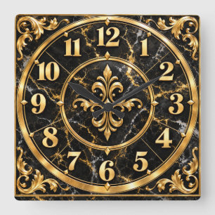 Elegante schwarze und goldene verzierte Luxusuhr Quadratische Wanduhr