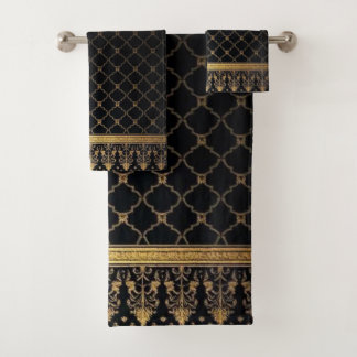 Elegante schwarze und goldene Vierpass-Muster Badhandtuch Set
