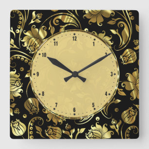 Elegante schwarze und goldene Vintage-Blumendamast Quadratische Wanduhr