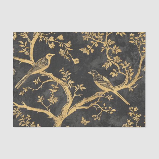 Elegante schwarze und goldene Vogeldekoupage Seidenpapier (Vorderseite)