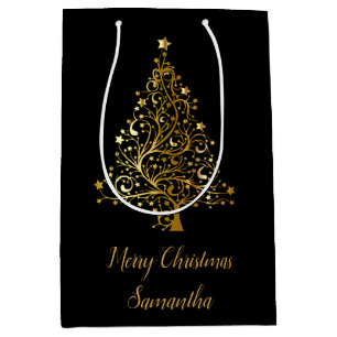 Elegante schwarze und goldene Weihnachtsbaum-Gesch Mittlere Geschenktüte
