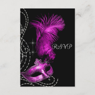 Elegante schwarze und heiße pinkfarbene Maskenpart RSVP Karte