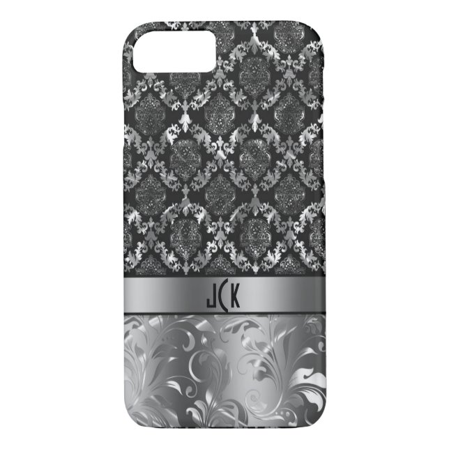 Elegante schwarze und metallische silberne Damaske Case-Mate iPhone Hülle (Rückseite)
