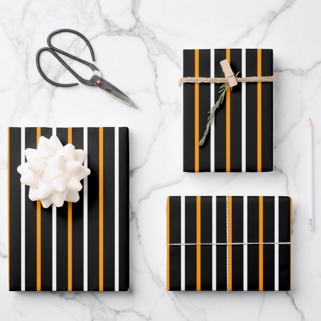 Elegante schwarze und orange Streifen Geschenkpapier Set (Vorderseite)