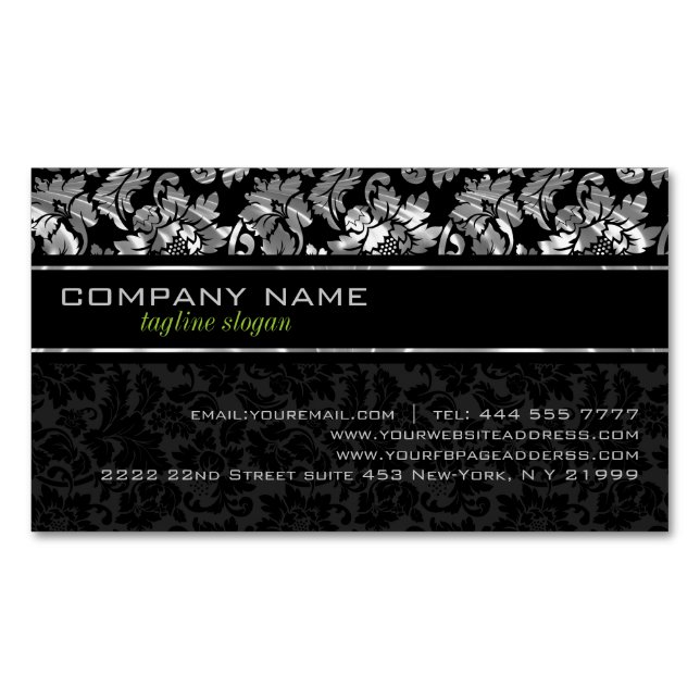 Elegante schwarze und silbergraue Damasken Magnetische Visitenkarte (Vorderseite)