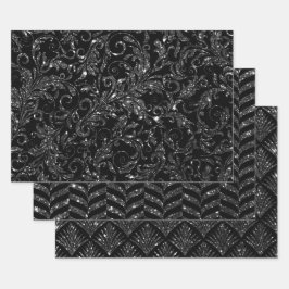 Elegante schwarze und silberne Glittermuster Geschenkpapier Set