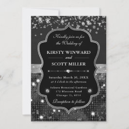 Elegante schwarze und silberne Hochzeit mit Diaman Einladung