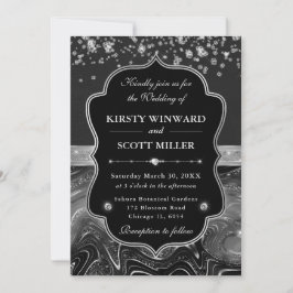 Elegante schwarze und silberne Hochzeit mit Diaman Einladung
