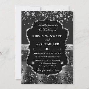 Elegante schwarze und silberne Hochzeit mit Diaman Einladung