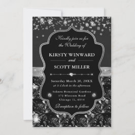 Elegante schwarze und silberne Hochzeit mit Diaman Einladung