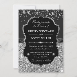 Elegante schwarze und silberne Hochzeit mit Diaman Einladung
