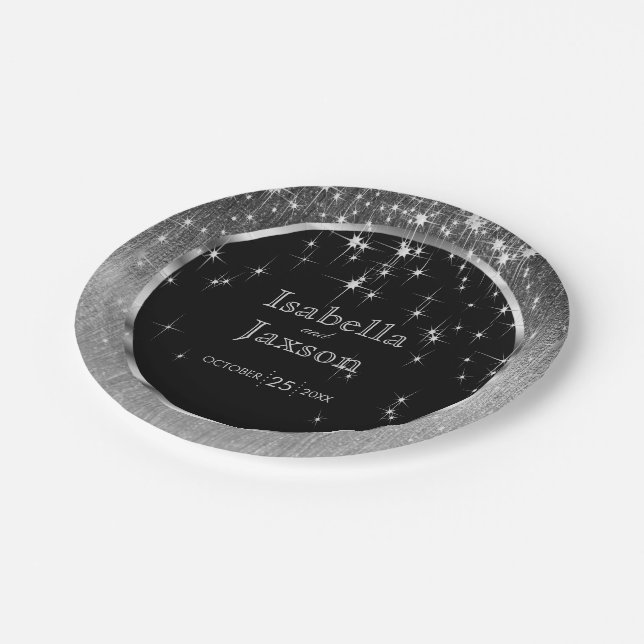 Elegante schwarze und silberne Wedding Starlights Pappteller (Schrägansicht)