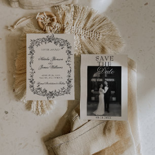Elegante schwarze und weiße Blumen Hochzeitsfotos Save The Date