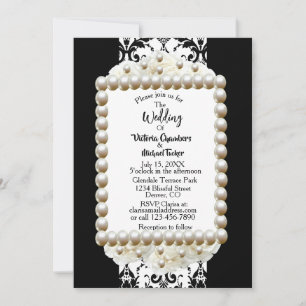 Elegante schwarze und weiße Damast-Perlen-Hochzeit Einladung