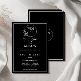 Elegante schwarze und weiße florale Monogramm-Hoch Einladung