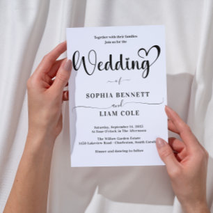 Elegante schwarze und weiße Herz-Schrift Hochzeit Einladung