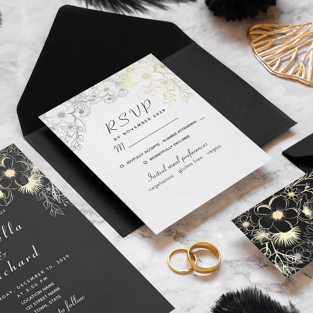 Elegante, schwarze und weiße Hochzeit in Floral RSVP Karte (Von Creator hochgeladen)