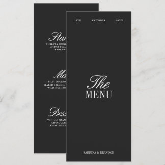Elegante schwarze und weiße Hochzeitsdinner-Menüka Menükarte