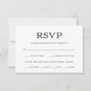 Elegante schwarze und weiße Hochzeitsmenüwahl RSVP Karte