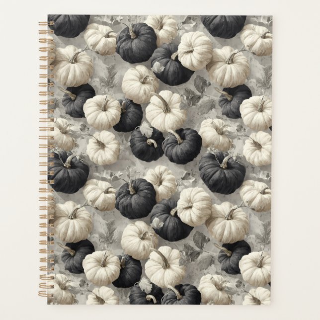 Elegante schwarze und weiße Pumpkins Planer (Vorderseite)