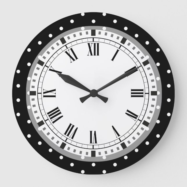 Elegante schwarze und weiße Retro-Polka-Punkte Große Wanduhr (Vorderseite)