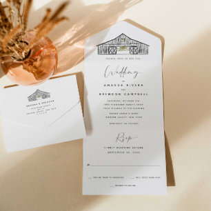 Elegante schwarze und weiße Scheunenhochzeit All In One Einladung