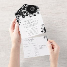 Elegante schwarze und weiße Sonnenblumen All In One Einladung